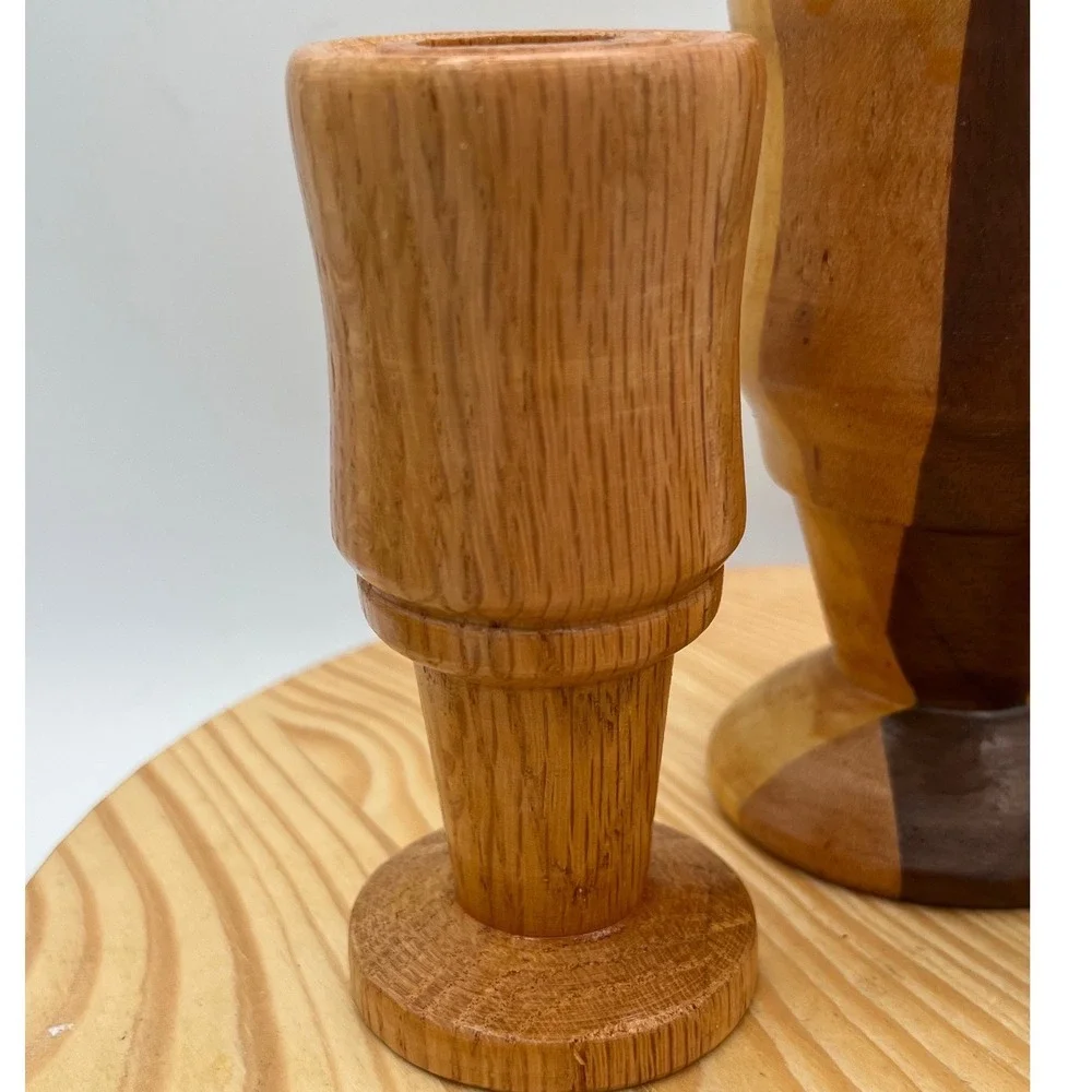 Vtg Mid Century Modern Turned Wood Candlestick Holders Set 3 minimalist